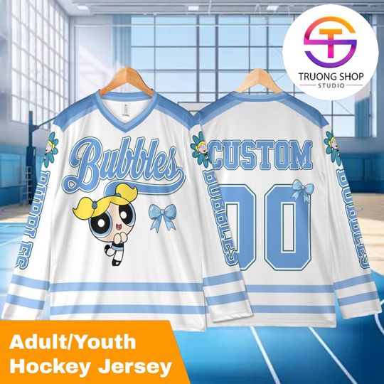 Personalized Bubbles Hockey Jersey, Custom Powerpuff Girls Cartoon Shirt, Matching Family Sports Outfit, Fan Gift