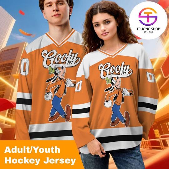 Discover Personalized Goofy Ice Hockey Jersey Orange and White, Mickey Hockey Jersey, Disney Hockey Fan Lover Gift, Family Vacation Outfit