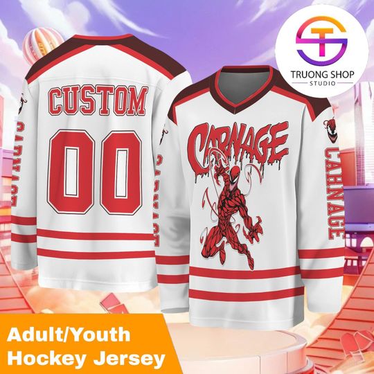 Discover Personalized Carnage Hockey Jersey, Custom Marvel Supervillain Shirt, Bold Red Team Sports Outfit, Birthday Fan Gift