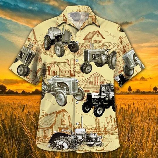 Discover Tractor Farm Vintage Pattern Hawaiian Shirt, Summer Tropical Short Sleeve Button Down, Funny Aloha Shirt