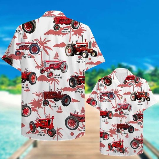 Discover Farmer Red Tractors Pattern Hawaiian Shirt, Summer Tropical Short Sleeve Button-Down, Fun Aloha Shirt