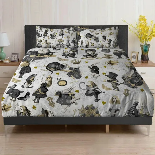 Discover Curiouser Alice in Wonderland Duvet Cover Bed Set White Grey Double King Single