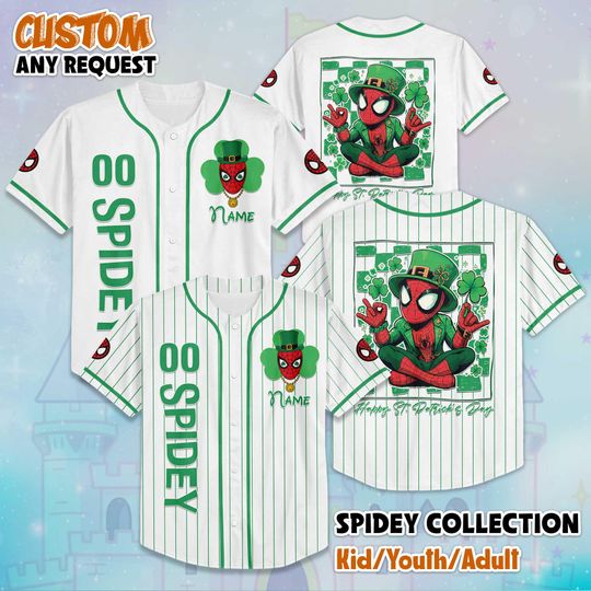 Custom Spidey St. Patricks Day Baseball Jersey, Personalized Superhero Jersey, Marvel Birthday Outfit, Spider-Man Shirt, Gift for Fans