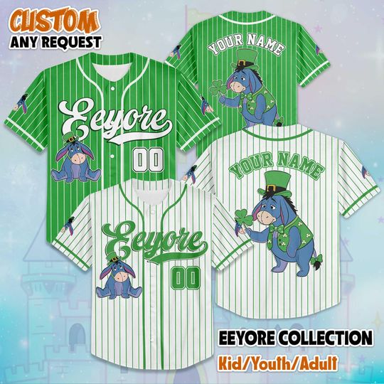 Discover Personalized Eeyore St. Patricks Day Baseball Jersey, Disney Eeyore Shirt, Winnie the Pooh Baseball Team Outfit