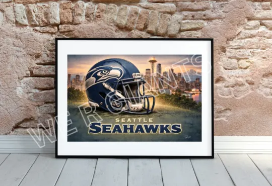 Discover Seattle Seahawkss Wall Art football Football Helmet Seattle Skyline Print