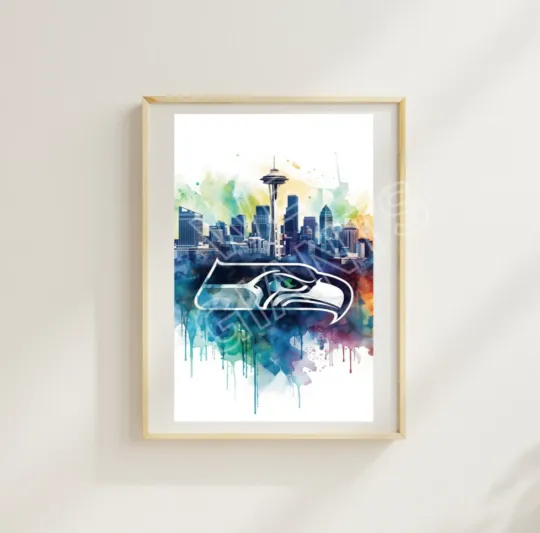 Discover Seattle Seahawkss  + Seattle Skyline Watercolor Art Print
