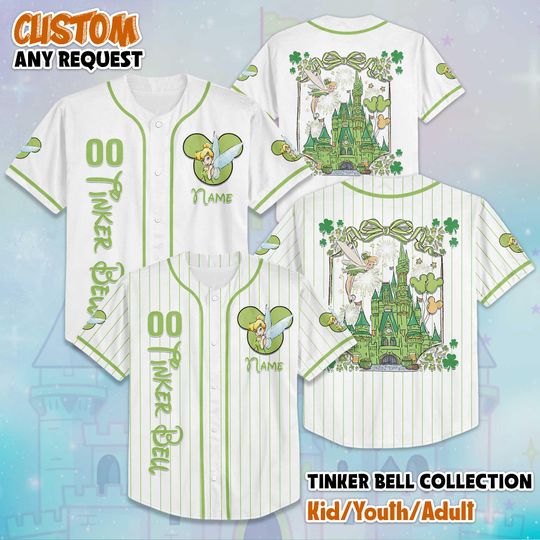 Discover Custom Tinker Bell St. Patricks Day Baseball Jersey, Personalized Disney Tinker Bell Baseball Shirt, Matching Disney Trip Outfit