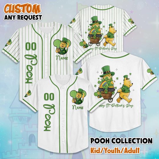 Discover Custom Pooh St. Patricks Day Baseball Jersey, Personalized Disney Winnie the Pooh Jersey Shirt, Disney Baseball Jersey, Gifts For Fans