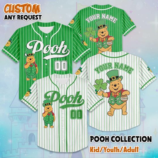 Discover Personalized Winnie the Pooh St. Patricks Day Baseball Jersey, Disney Winnie the Pooh Jersey Shirt, Disney Baseball Jersey, Gifts For Fans