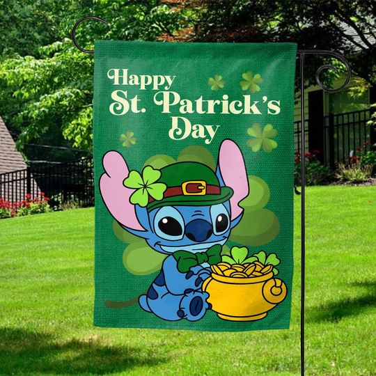 Discover Stitch Happy St. Patrick's Day Garden Flag, Disney Shamrock Decor, Drinking Party Day House Flag