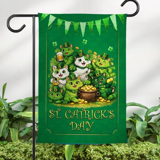 Discover St Patricks Day Garden Flag, Lucky Shamrock Outdoor Flag, Cat Lover Decor, Printed Both Sides In USA