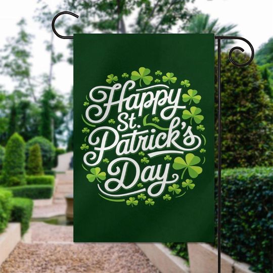 Discover Whimsical Happy St. Patrick's Day Garden Flag  Circular Shamrock Wreath & Script Typography,  Cheerful Outdoor Accents,Irish Holiday