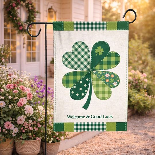 Discover St. Patricks Day Garden Flag, Shamrock Patchwork Garden Flag, Green Clover Outdoor Flag, Irish Garden Decor, St Patrick Yard Flag