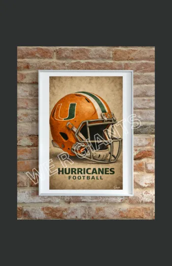 Discover UNIVERSITY OF MIAMI Football Helmet Poster Print Wall Art Man Cave Decor