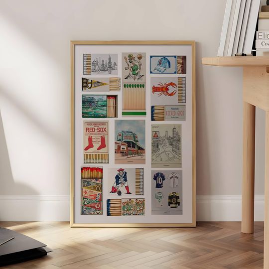 Discover Boston Matchbox Label Collage Poster, Vintage Sports & City Icons Poster
