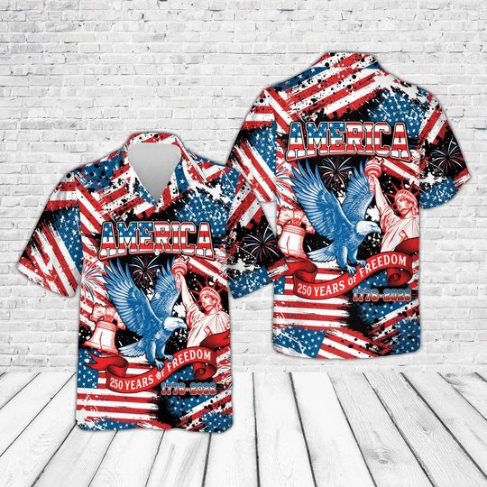 Discover Eagle 250 Years Of Freedom Shirt, Patriotic US Flag Statue Of Liberty Hawaiian Shirt, America 250th Anniversary 1776 2026 Gift, Liberty Bell