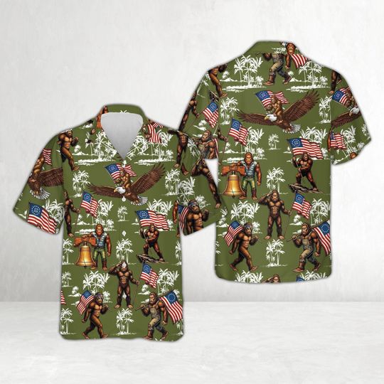 Discover Sasquatch 250 Years Of Freedom Shirt, Patriotic Bigfoot Hawaiian Shirt, Funny America 250th Anniversary 1776 2026 Gift