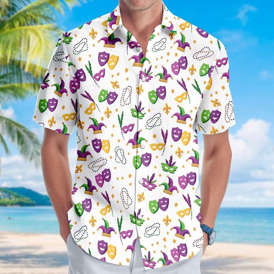 Discover Mardi Gras Carnival Button Shirt, Carnival Mask Hawaiian Shirt For Men, Purple Green Gold T-shirt, Fat Tuesday Gift, Fleur De Lis Tee