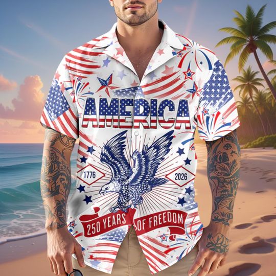Discover Custom America 250 Years of Freedom Hawaii Shirt, Personalized 1776-2026 USA Flag Eagle Button Up, Semiquincentennial Patriotic White Tee