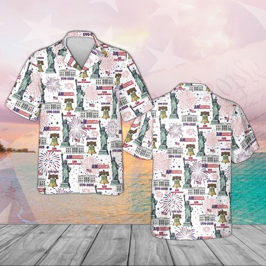 USA 250 Years Hawaiian Shirt Liberty Bell Statue of Liberty Pattern 1776-2026 Celebration Top Personalized American Pride Gift for Family