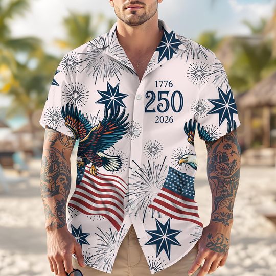 Discover Personalized USA 250th Anniversary Hawaiian Shirt, 17762026 Eagle Patriotic Shirt, Independence Day Gift