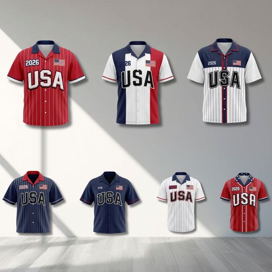 USA 2026 Patriotic Hawaiian Shirt Set, Red White Blue Pinstripe Button Up, Soccer Fan Outfit for Men Women