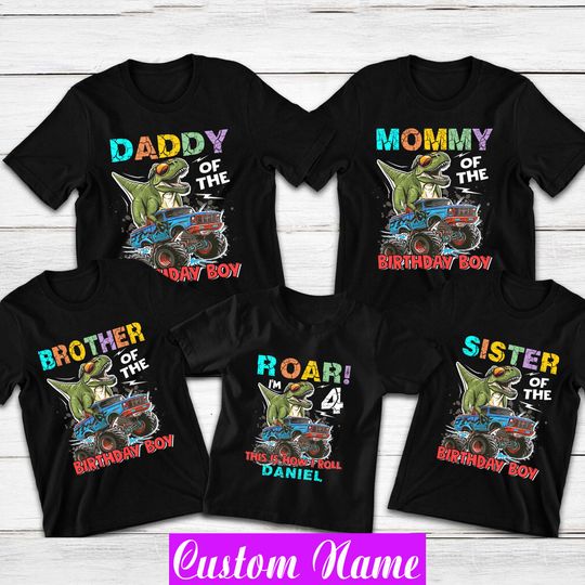 Discover Dinosaur Monster Truck Birthday Shirt: Personalized Birthday Boy Tee