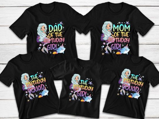 Matching Mermaid Birthday Family Shirts: Black Birthday Girl, Mom, Dad