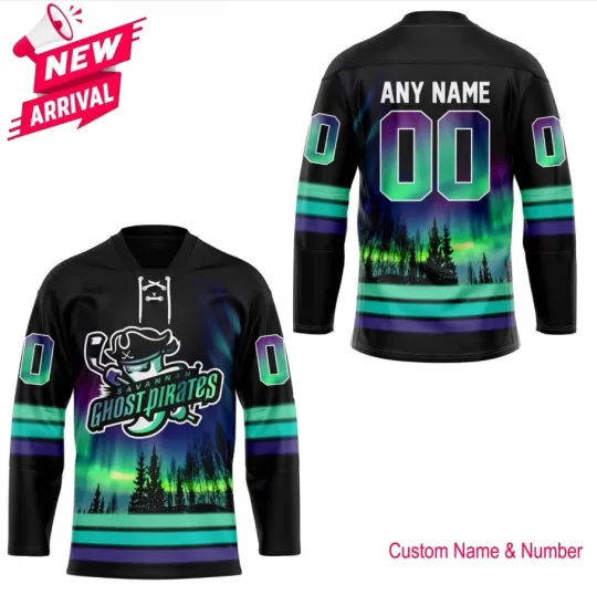 Discover Custom Savannah Ghost Pirate Men's Hockey Jersey with Northern Light Lace Design