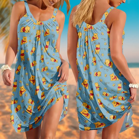 Discover Disney Pooh With Honey Sling Summer Dress, Winnie The Pooh Casual Dress, Disney Cartoon Beach Dress For Her, Pooh Bear Lover Gift