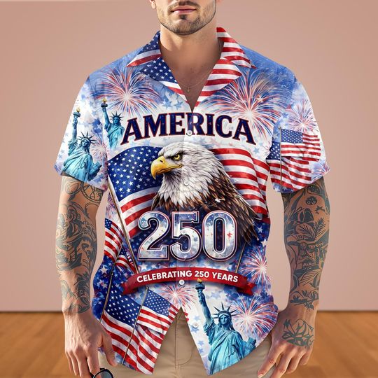 Discover 250 Years of Freedom Hawaiian Shirt, 250th Birthday USA Button Shirt, 250th Year Gift, USA Flag Shirt, 1776 2026 Shirt, Patriotic Shirt