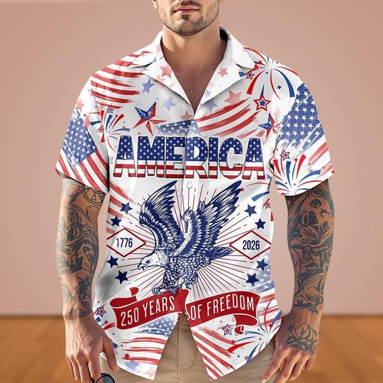 Happy 250th Birthday USA Hawaiian Shirt, America 250 20 Years Of Freedom Button Shirt, Patriotic 4th of July Shirt, Independence Day