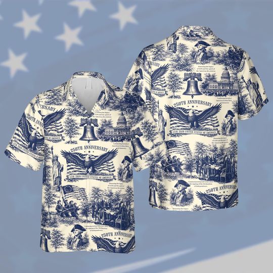 America 250th Anniversary Patriotic Hawaiian Shirt, 17762026 Founding Fathers Button Up, Bald Eagle Liberty Bell Independence Day Shirt