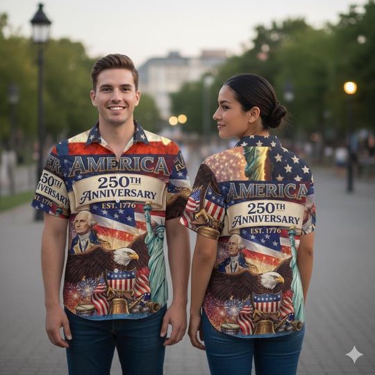 USA 250th Anniversary Hawaiian Shirt, America 250 Button Shirt, Patriotic Eagle, Statue Of Liberty, 250 Years Of Freedom and Faith Gift