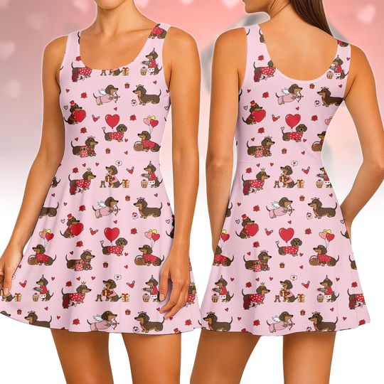 Discover Dachshund Valentines Skater Dress, Cute Dog Women Dress, Wiener Dog Lover Dress, Valentines Day Gift, Summer Beach Dress, Gift For Her