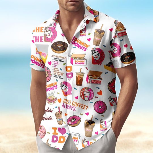 Dunkin Donuts Hawaiian Shirt Men, Chocolate Donut Button Shirt, Donut Party Vacation Shirt, Beach Shorts Men, Coffee Lover Shirt Gift
