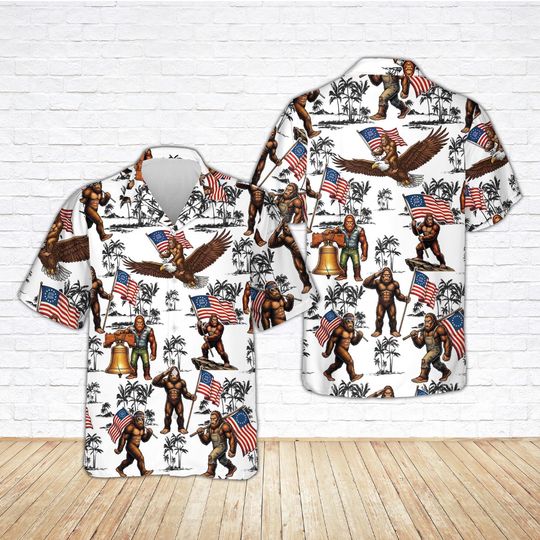 Discover America 250 Years Hawaiian Shirt, Bigfoot Sasquatch American Flag 17762026 Semiquincentennial Button Up, Patriotic 4th of July Aloha Shirt