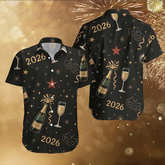 Discover Happy New Year 2026 Hawaiian Shirt, New Year's Eve Aloha Top, Festive Party Button Down Shirt for Men Women Family