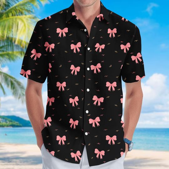 Discover Pink Bow Hawaiian Shirt, Button Up Shirt for Men, Cute Bow Button Shirt, Aesthetic Summer Beach Top, Hawaii Shirt Gift For Him