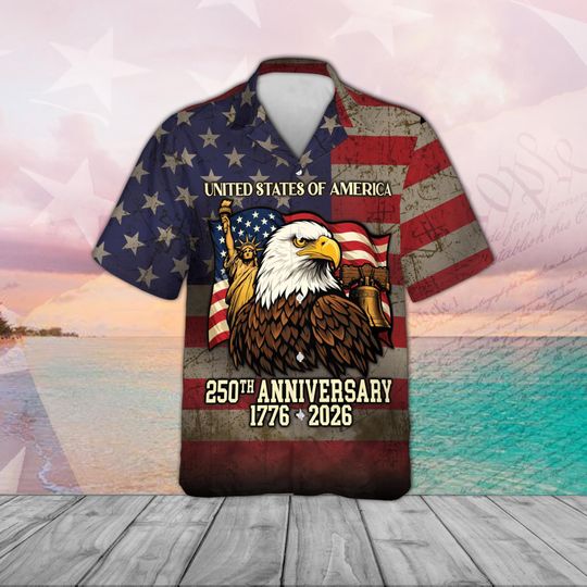 Discover 250th Anniversary US Shirt Vintage American Flag Eagle Hawaiian Button Down Patriotic 1776-2026 Celebration Outfit for Men Women Kids