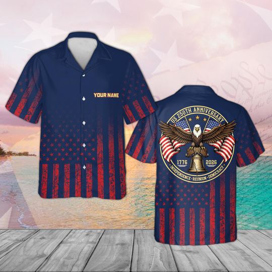 Discover Custom USA 250 Year Hawaiian Shirt, Patriotic American Eagle White Summer Shirt, Personalized Name 1776-2026 Liberty Outfit for Family Gift
