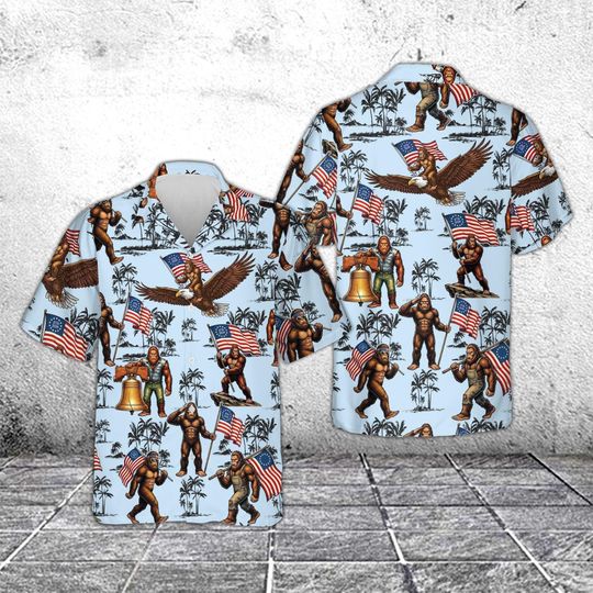 Discover Funny Bigfoot America 250th Anniversary Hawaiian Shirt, Sasquatch American Flag 17762026 Patriotic Button Up, 4th of July Aloha Shirt