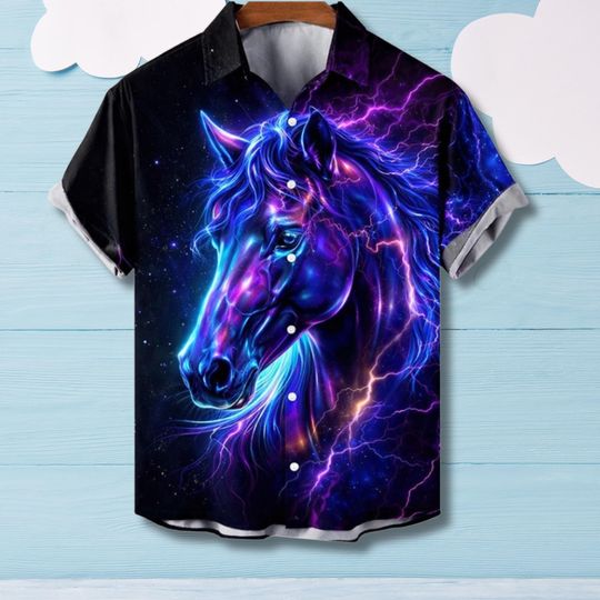 Discover 3D Neon Horse Hawaiian Shirt, Year Of The Horse 2026 Button Up, Galaxy Lightning Aloha Top, Zodiac Cowboy Gift, Summer Festival Tee