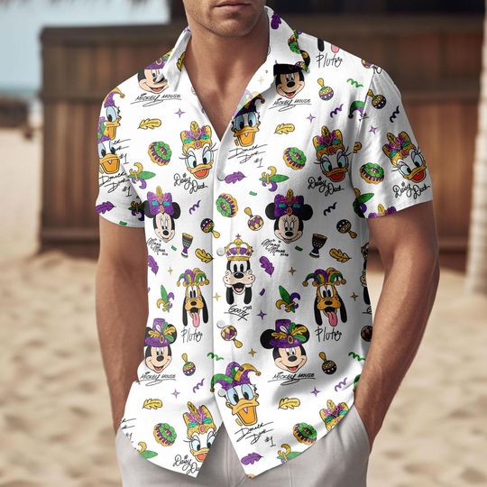 Discover Mickey and Friends Mardi Gras Button Shirt/Short, Disney Mardi Gras Carnival Celebration Shirt, Happy Mardi Gras 2026 Tee, Disney Trip
