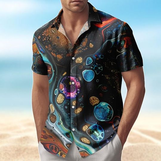 Discover Galaxy Planet Hawaiian Shirt, Cosmic Fluid Button Down Shirt, Beach Shorts, Abstract Art Shirt For Him, Sci fi Outfit For Summer Gift
