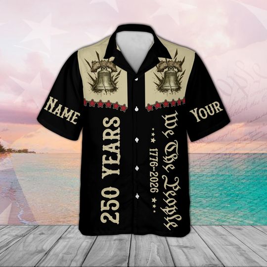 Discover Custom Name USA 250th Anniversary Hawaiian Shirt, Patriotic 1776-2026 Liberty Bell Button Down Personalized American Pride Gift for Men Kids