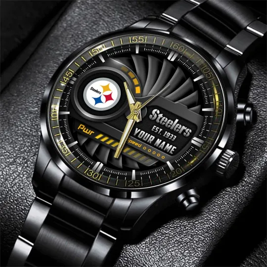 Pittsburgh Football Team Steelerss Black Stainless Steel Watch, Gift For Fans