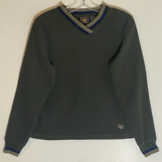 Discover Route 66 Sweater Womens Small Green Fleece Striped V Neck Horseshoe Logo Western