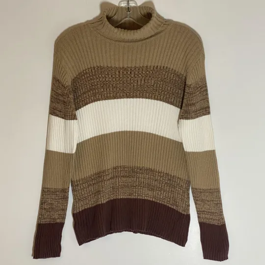 Discover Basic Editions Sweater Womens XL Tan Brown White Stripe Turtleneck Pullover Knit