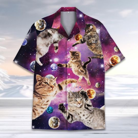 Funny Galaxy Cat Hawaiian Shirt for Men Women Youth, Space Kitten Planet Print Aloha Shirt, Cute Cosmic Cat Universe Button Down Shirt
